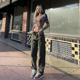 Women's Jeans High Street Retro Green Straight Leg Women's Patchwork cargo jeans high waisted jeans y2k jeans xs