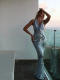 Blue Sequin Halter Cowl Neck Maxi Dress-Outfit