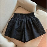 High Waist White Jacquard Shorts Women Loose Black Shorts Summer Streetwear Pockets Wide Leg Shorts For
