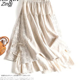 Embroidery Linen Cotton Long Skirts Women Summer Elastic High Waist Pleated Maxi Skirt Female Elegant Beach A-Line