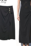 Black Midi Skirt Woman Golden Buttons Long Skirts For Women Fashion 2023 High Waist Slit Skirt Elegant Women's