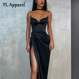 Women Split Evening Party Dresses 2022 Solid Black Red Elegant Female Sleeveless Spaghetti Starp Formal Cocktail