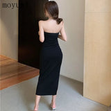 Summer Sexy Socialite Off-the-Shoulder Split Slim-Fit Sheath Fashionable Mid-Length One-Step Off-Neck Dress