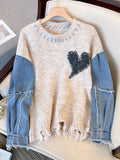Zingj Women Sweater Patchwork Denim Long Sleeve O-Neck Loose Heart Chic Pullovers Simple Knitted Autumn Winter 2023 New Knit Jumpers 211-1-Outfit