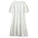 White Cotton Puff Sleeve Dress Woman Summer Midi Dress Short Sleeve Cascading Ruffles Blouses