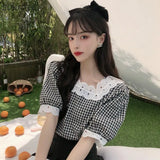 Women Plaid Mujer De Moda Korean Style Hipster Lace Fashion Sweet Preppy Students Simple Ropa Summer High Street