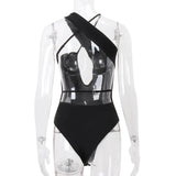 Black Backless Hollow Asymmetric Strap Bodysuit-Outfit