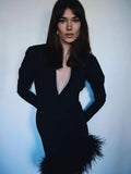 V-Neck Long Sleeve Feathers Bandage Mini Dress Winter Women Black Feathers Asymmetrical Slim Dress Evening Party Club