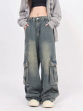 Zingj Old Vintage Washed Jeans For Versatile And Versatile High Street Pocket-Down Casual Cargo