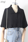Design Double Turn Down Collar Women White Shirts Short Sleeve Summer Button Up OL Shirts Korean Casual Chiffon Female