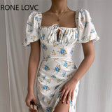 Women Chic Lace Up Short Lantern Sleeves All Over Disty Floral Print Sweet Maxi A-line High Silt Party A-line