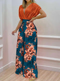 Casual High Waist Commute Bat Sleeve Jumpsuits Women V Neck Wide Leg Pant Playsuit Fashion Printed Pants Office