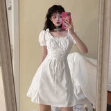 Fashion White Mini Dresses Women French Stitching Wood Ears Lace Cross Lacing Up Short Sleeve Short Dress Holiday
