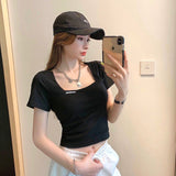 Zingj French Square Collar Short High Waist Crop Short Sleeve T-Shirt Women's Slim 2024 Summer Bottom Top