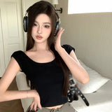Y2K Sexy Backless Women's Crop TopO Neck Short-Sleeved Hollow-Out Short-Sleeved Fit Slim Base Tees T-Shirt