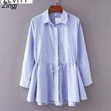 women vintage long sleeve striped loose hem smock Shirt blouses women waist drawstring casual business femininas blusas