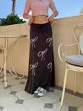 2024 Vintage Blinding Bow Print Slimy Half-Dress Woman Low-Waist Drawstring Tie With Loose Straight