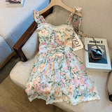 Lovely Elegant Allover Floral Lace Trim Tie Strap Dress Korean Style Chiffon Sleeveless Bandage Summer Holiday