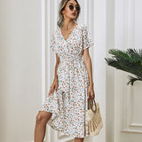 Queens Women Floral Print Short Sleeve Beach Sexy Bohemian Midi Dress Ladies V-neck Boho Sundress