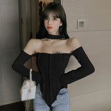 Shoulder Long Sleeve Top Tee Shirt Femme Y2K Clothes Green Tops Mujer T-shirt Black Sexy Funny T Shirts Women