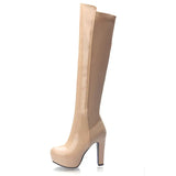 Women Fashion Knee High Boots Patent Leather Square High Heels Platform Zipper Boots Autumn Winter Woman Shoes Big Size