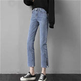 Jeans Women Straight Slim Denim Plus Size Korean Style Side Slit Ankle-length College Trendy All-match Female Bottom