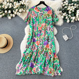 Zingj Dress Women's 2024 Summer Dress New Loose Leisure Fashion Print Medium-Long Bubble Sleeve Holiday