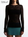 2022 Summer Knitted Casual Women T Shirts Sexy Long Sleeve Hollow Out Y2K Top Beach Green Party Tee