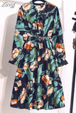 Floral Print Women Dress Female Autumn Long Sleeve Vintage Chiffon Bow Tie Neck Office Lady Shirt Dress Summer