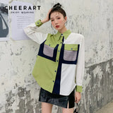 Designer Color Block Shirt Shacket Women Long Sleeve Top Green Patchwork Button Up Shirt Blouse Fall 2021