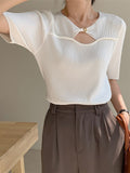 Ribbed Knit Top Summer Short Sleeve Tees Hollow Out Korean Fashion T Shirt Women White Yellow Black Blue Casual