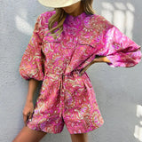 Spot 2025 New Fashion Print Stand Collar Print Rope Shirt Jumpsuit