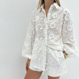 Zingj Suit 2024 Spring Autumn New Fashion Cotton Embroidered See-Through Shirt High Waist Shorts-Outfit