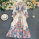 2021 New Autumn Floral Print Dresses Women Turn Down Collar with Belt Single Breasted High Waist A Line Slim