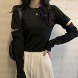 Long Sleeve Hole Women T-shirts slim Black Crop Top young girls T Shirt Fashion korean basic short T-Shirt women