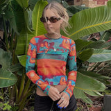 Tie Dye Print Long Sleeve Crop Top Mesh Women Autumn Summer 90s T Shirts Sexy Vintage Fashion Casual