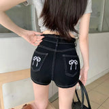 Bow Embroidery Denim Shorts-Outfit
