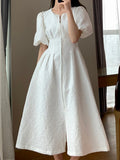 Summer Elegant Casual Midi White Dress Puff Sleeve Zipper Slim Party Vestidos Female Fashion Vintage Clothes