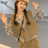 Women Pocket Sexy Fashion Design Casual Outfits Autumn New Ins French Style Two Pieces Vest Outwear Leopard Shirt