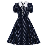 Green Vintage Retro Chiffon Party Women Dress Polka Dots Print Turn Down Collar With Bow Rockabilly A Line Party