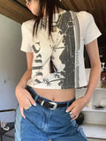 Grunge T-shirt Women White Graphic Tees Short Sleeve Y2k Vintage Crop Top Female Streetwear Summer Tee Tops