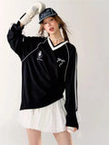 Stripe Bow Oversized V-neck Black Jersey Long Sleeve Top- Outfit