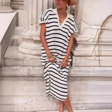 Zingj Summer Dress Women's V-Neck Stripe Low Slit Lapel Long Sweater Even-Outfit