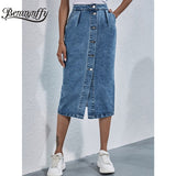 Single Breasted Knee Length Denim Skirt Women Streetwear Casual Pocket High Waist Straight Jeans Skirt