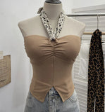 Real Shot Leopard-Print Silk Scarf Hanging Neck Design Folded Bra Strap Chest Pad Vest Short Sleeveless Top Lady
