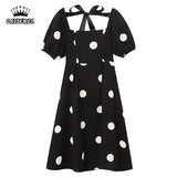 White Dress Polka Dots Square Neck Bow-Knot Lacing Puff Short Sleeve Casual Vintage High Waist Long Skirt Ladies