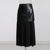 Korean Version Style 2025 Summer New Mid-Waist Pu Leather Stitching Pleated Contrast Color Women's Zipper Door Skirt Skirt