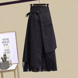 Zingj Women Winter Patchwork Long Sleeve Knitted Tops + Asymmetric Skirt 2 Piece Suit Female Party Elegant Two Piece Set 102-1-Outfit