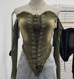 Hottie Sexy Tset Blouse Irregular Cowboy Splicing Mesh Yarn Tie With Short T-Shirt