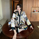 Women's Pajamas Set V Neck Design Luxury Cross Letter Print Sleepwear Silk Like Home Clothes XXL Large Size